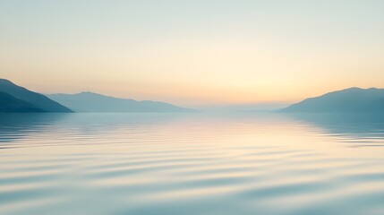 A serene water surface reflecting the soft hues of dawn, creating a tranquil atmosphere with ample copy space,No blurriness