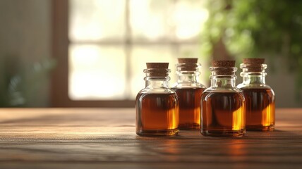 Glass bottles filled with amber-colored aromatherapy oils on a wooden surface.