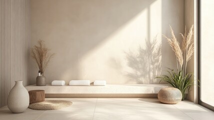 A modern spa with neutral tones, minimalistic decor, and soft natural light creating a peaceful atmosphere.