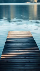 Obraz premium A peaceful lakeside scene featuring a wooden dock extending into the water, with gentle ripples,No blurriness