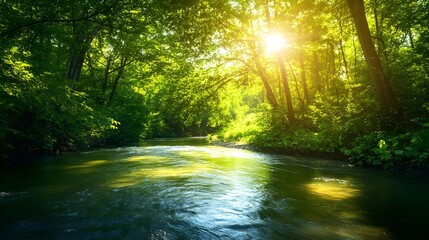 Obraz premium A serene river flowing through a lush green forest, with sunlight filtering through the leaves, creating dappled patterns on the water's surface,No blurriness