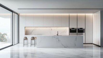 A sleek, minimalist luxury kitchen with marble countertops, modern appliances, and a clean, spacious design.