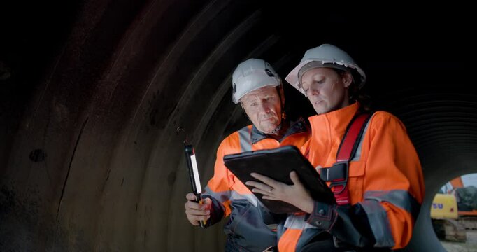 A couple of senior civil engineers are collaborating in the tunnel of a sewage drain, using a digital tablet to inspect the construction of a huge water pipe on a new highway road project.