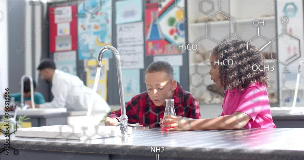 Poster children conducting science experiment with chemical formulas over classroom background