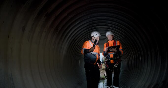 A couple of senior civil engineers are collaborating in the tunnel of a sewage drain, using a digital tablet to inspect the construction of a huge water pipe on a new highway road project.