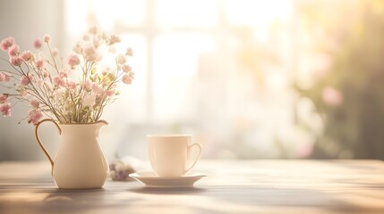 Obraz premium A softly blurred table background with a light pastel color palette, creating a serene atmosphere for product placement,No blurriness