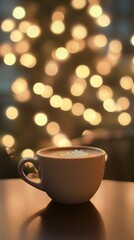 Obraz premium An artistic shot of a coffee cup with bokeh lights in a cozy cafÃ© setting, creating a warm and inviting atmosphere,No blurriness