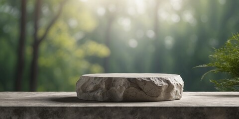 Natural stone and concrete podium in natural green background for empty show for packaging product presentation.