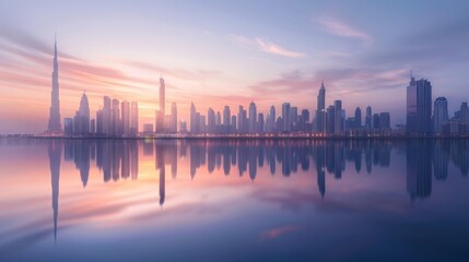 Fototapeta premium Stunning skyline reflection at dawn, showcasing modern buildings and a vibrant sky over calm waters.