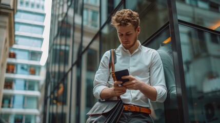 Young man using smartphone in an urban setting, dressed in smart casual attire with a messenger bag slung over shoulder.
