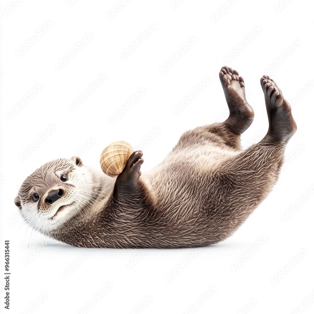 Poster curious otter enjoys a moment of relaxation, floating on its back and balancing a shell on its belly