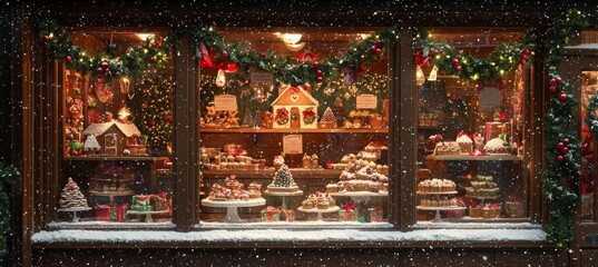 Festive Christmas Bakery Window Display with Gingerbread Houses, Christmas Cookies, and Fairy Lights © spyrakot