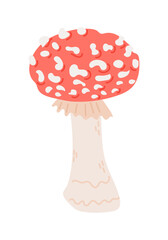 Hand drawn poisonous mushroom in flat style. Spooky design for Halloween isolated on white background. Vector fly agaric fungus. Good for decoration, stickers, logo