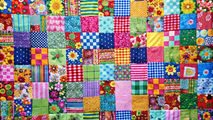 Fototapeta premium Colorful patchwork quilt with diverse patterns and bright colors on a vibrant background
