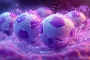 Naklejka premium dynamic sports illustration stylized soccer balls in various poses rich purple background with subtle geometric patterns energetic composition with movement