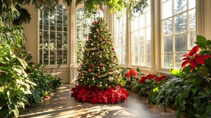 Botanically Themed Christmas Tree in Sunlit Conservatory Surrounded by Lush Greenery and Poinsettias