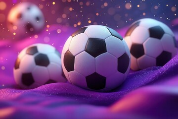 Fototapeta premium dynamic sports illustration stylized soccer balls in various poses rich purple background with subtle geometric patterns energetic composition with movement