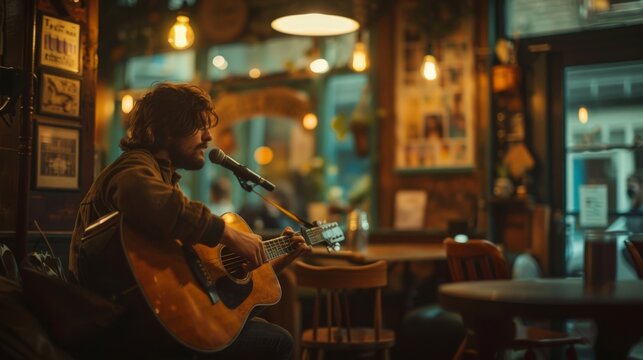 Live music performance in a cozy cafe featuring a guitarist singing to an engaged audience in warm lighting.