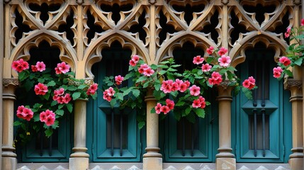 vintage blue windows with pink flowers