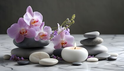 Serene spa still life with stacked stones, lavender, and orchids, featuring a calming composition on marble with candles and flowers for ultimate relaxation