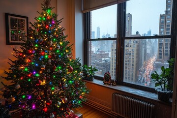 Festive Christmas Tree in New York City Apartment Decorated with Vintage Ornaments