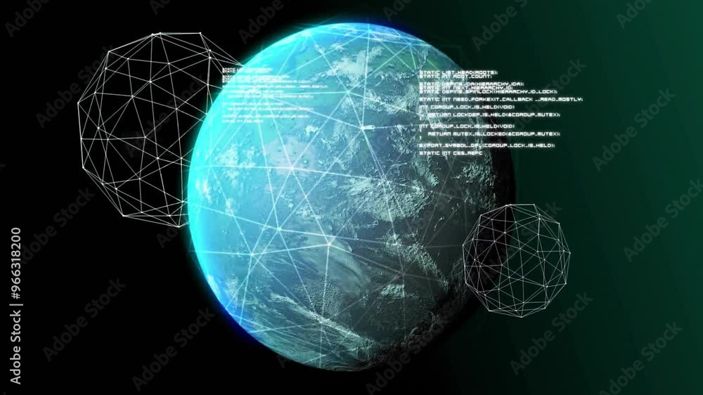 Poster animation of data processing over globe and shapes