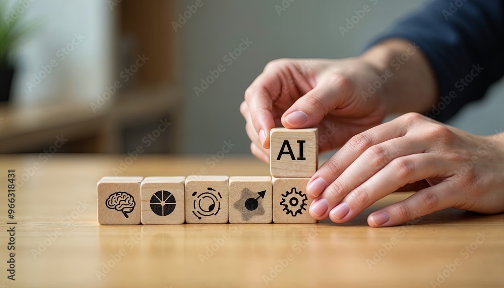 Poster hands arranging wooden blocks with ai and symbolic icons for technology and innovation themes