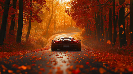 a sports car driving down a road in the fall