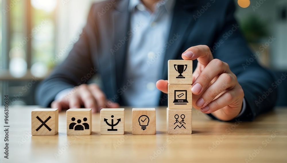 Poster enhancing business strategy with symbolic building blocks representing key concepts