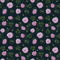 Endless pattern on a navy blue background with rose, leaves and buds. Hand drawn watercolor illustration ideal for fabric, paper, wallpaper and decor.