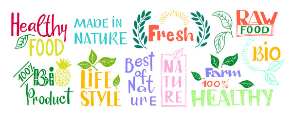 Organic fresh healthy food labels, bio eco friendly natural meal logo, vegan products badge isolated set decorated with green plant leaves vector illustration.