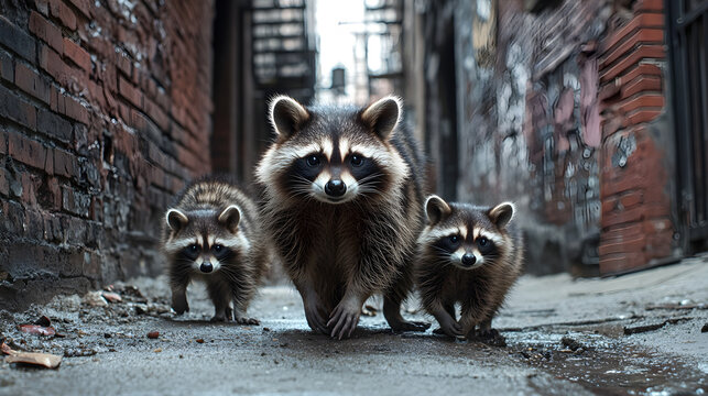 Raccoon family scavenges in city nighttime shadows