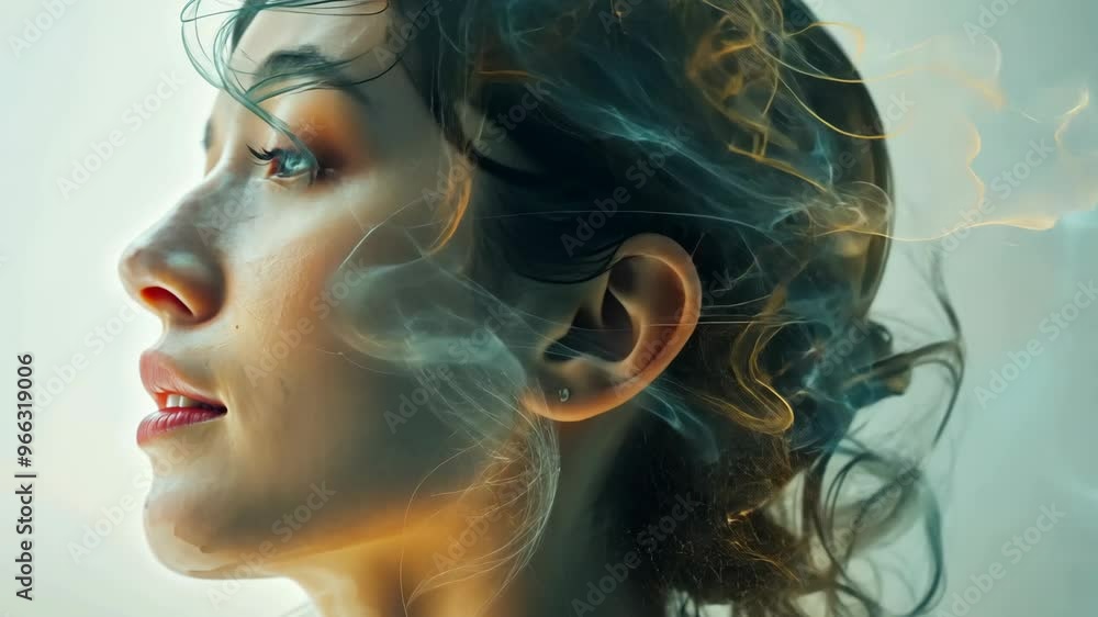 Poster a mesmerizing artistic representation of a woman's profile with ethereal flowing patterns and vivid 
