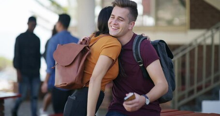 Man, woman and hug with phone at university, kindness and hello with laughing, funny joke or chat at campus. Students, together and smartphone for social media, application or meme on web at college