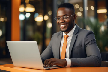 Happy successful African young businessman working on a laptop, black entrepreneur sitting in a cafe