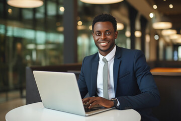 Happy successful African young businessman working on a laptop, black entrepreneur sitting in a cafe