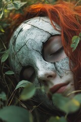 a woman with red hair and a white mask laying in the grass