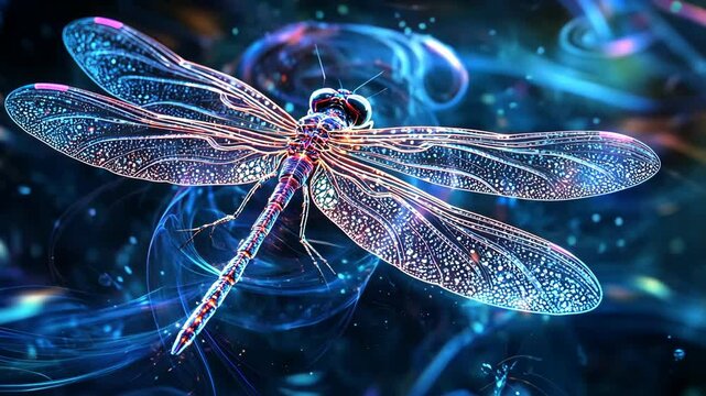 Beautiful dragonfly gliding through vibrant water patterns in mystical blue light