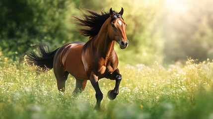 Fototapeta premium Horse gallops free in the green meadow