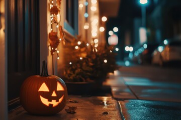 a halloween pumpkin sitting on the sidewalk at night