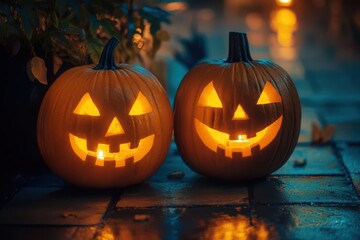 Fototapeta premium two pumpkins with faces on them are lit up
