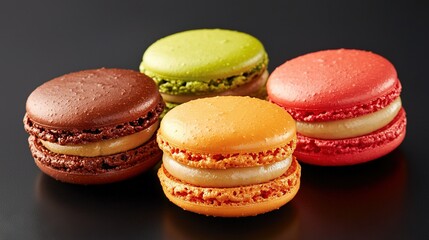 Fototapeta premium Three macaroons rest atop a black table in unison