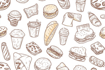 Hand drawn seamless pattern of line art fast food