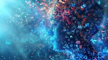 A digital human face formed by dots surrounded by floating characters on a blue background, representing artificial intelligence and technology concepts