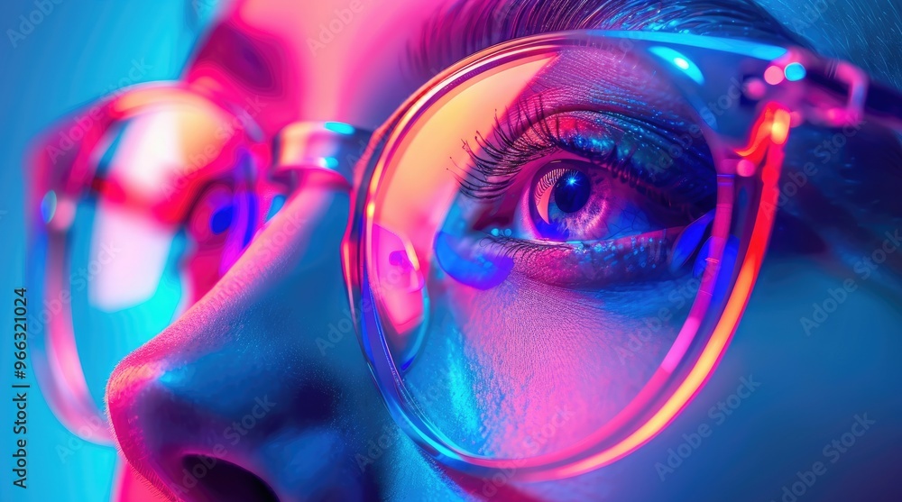 Wall mural Close-up of a woman's eye with glasses, illuminated with vibrant pink and blue light.