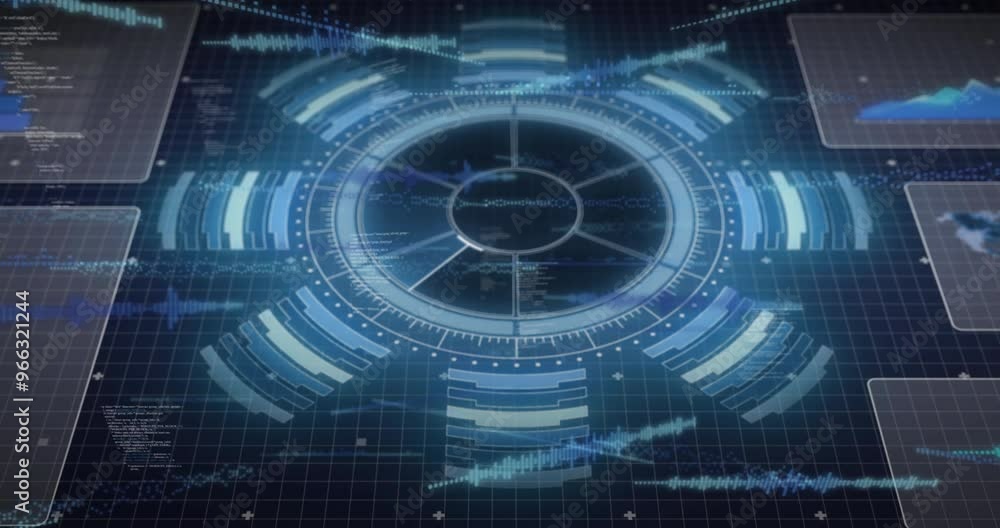 Poster animation of data processing and diagrams on blue background