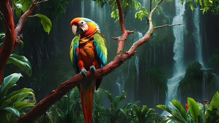 A colorful, bright parrot against the backdrop of incredibly beautiful nature.