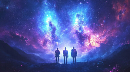 Obraz premium Un trio di Semi stellari arturiani, immersi nella luce eterea della Via Lattea, rappresentano i guardiani della conoscenza e della guarigione galattica.