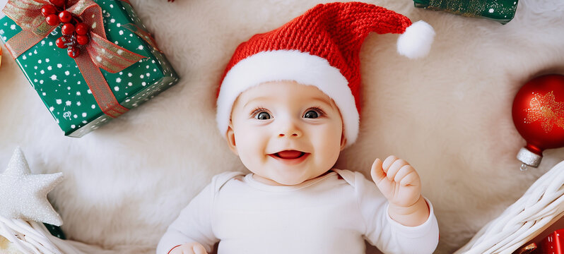 A happy baby in a white onesie and red Christmas hat is lying on a soft fur blanket among colorful gift boxes in a top-down view