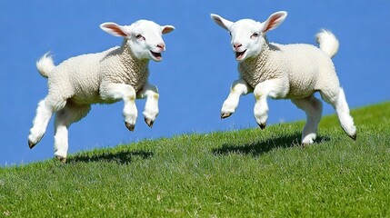 Obraz premium Two sheep jump on a grassy hill against a blue sky in the foreground and background